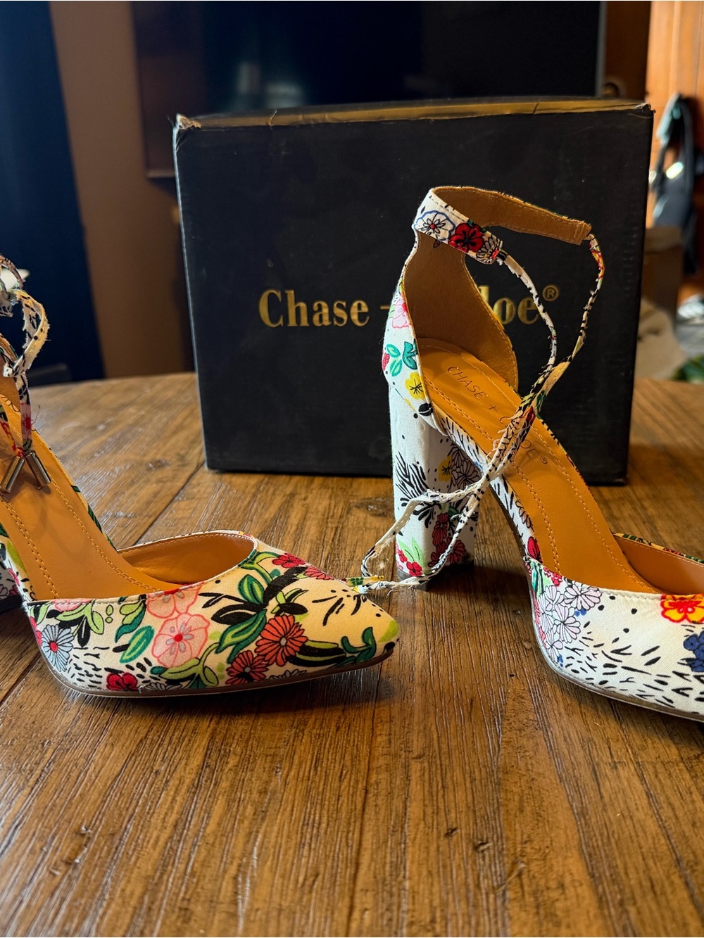 Chase + Chloe Multicolor Floral Ankle-Strap Block Heels size 6.5